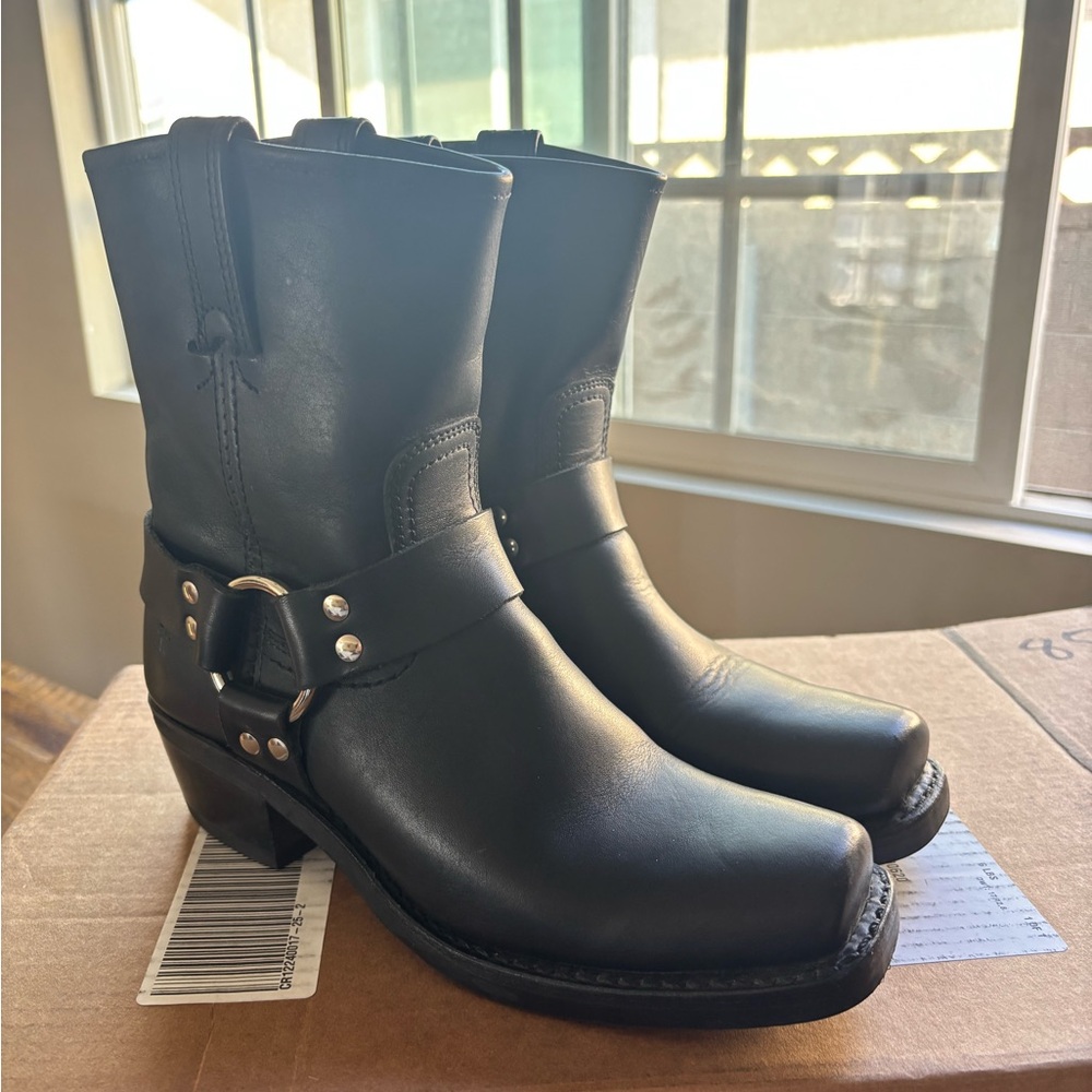 Frye Black Leather Harness Boots